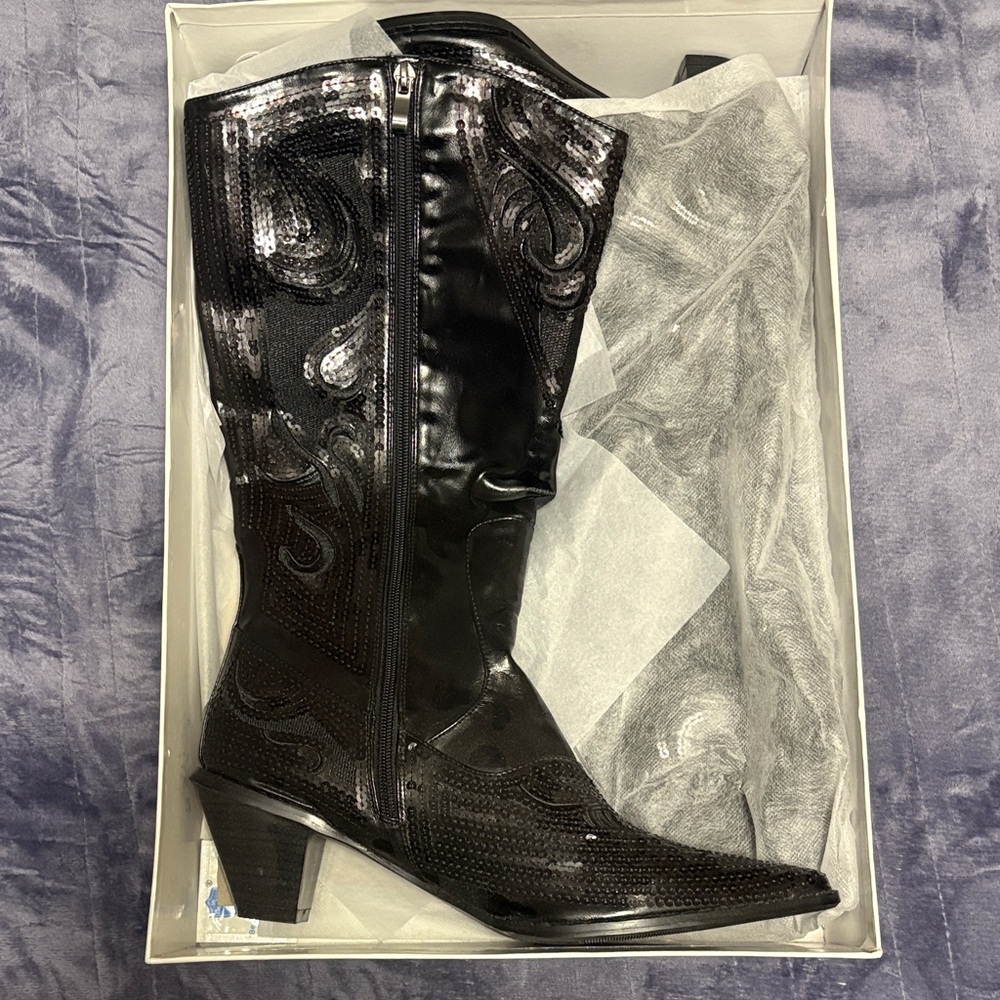 Elegant Black Sequin Heeled Boots